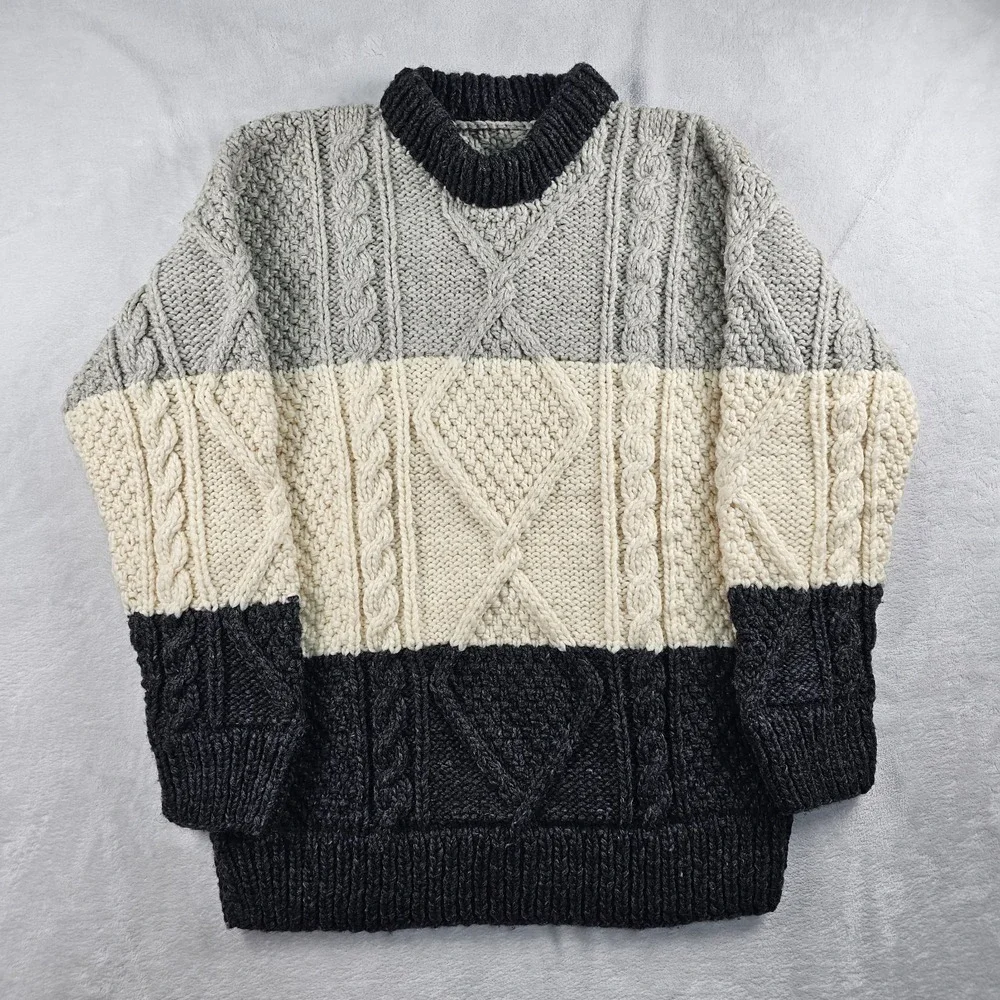 Vtg Aran Pullover Sweater Wool Fisherman Cable Knit Men 40 Colorblock Gray Cream